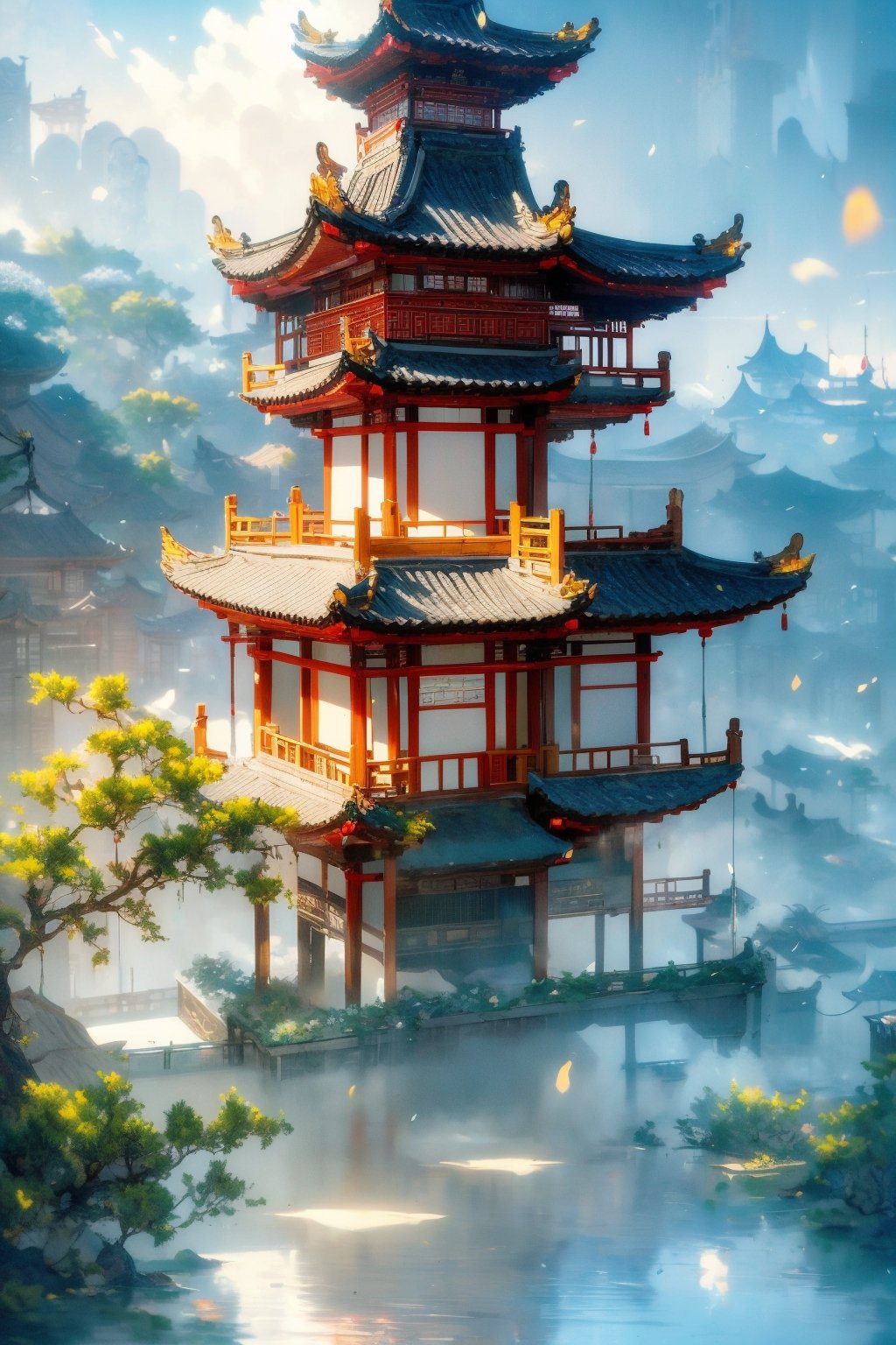 Picture from top to bottom,outdoors, sky, cloud,more tree and flower, no humans, building, scenery, reflection, lantern, stairs, architecture, east asian architecture,Chinese Architecture, Surreal composition,Buildings scattered high and low,looking down from the sky, looking down, overlooking perspective,morning sky,