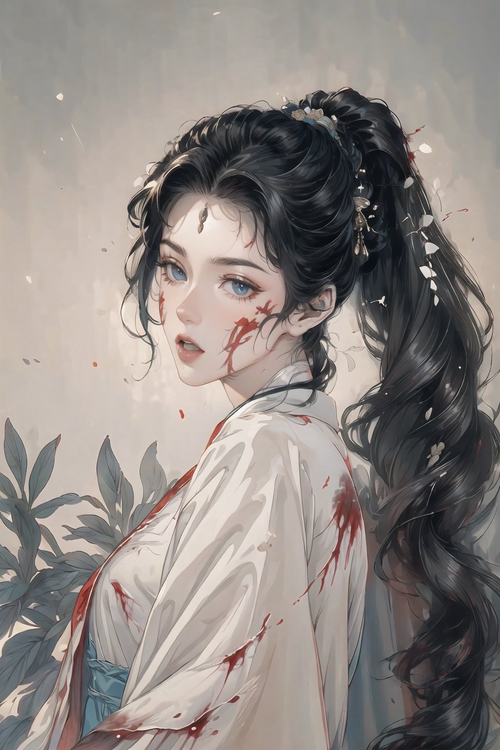 (BLACK_HAIRED_MALE_with_a little
bloody_wounds_on_his_face :1.5),wears white hanfu and the thick white plush shawl, high ponytail,best quality, masterpiece, beautiful and aesthetic, 16K, (HDR:1.4), high contrast, (vibrant color:0.5), (muted colors, dim colors, soothing tones:1.3), Exquisite details and textures, cinematic shot, Cold tone, (Dark and intense:1.2), wide shot, ultra realistic illustration,
(extreamly delicate and beautiful:1.2), 8K, (tmasterpiece, best:1.2), (LONG_BLACK_HAIR_MALE:1.5), (PERFECT SYMMETRICAL BLUE EYES:0), a long_haired masculine male, cool and determined, haggard_gaze, (wears white hanfu:1.2), and intricate detailing, finely eye and detailed face, Perfect eyes, Equal eyes, Fantastic lights and shadows、finely detail,Depth of field,,cumulus,wind,insanely Snowing day,very long hair,Slightly open mouth, long SILVER-WHITE hair,slender waist