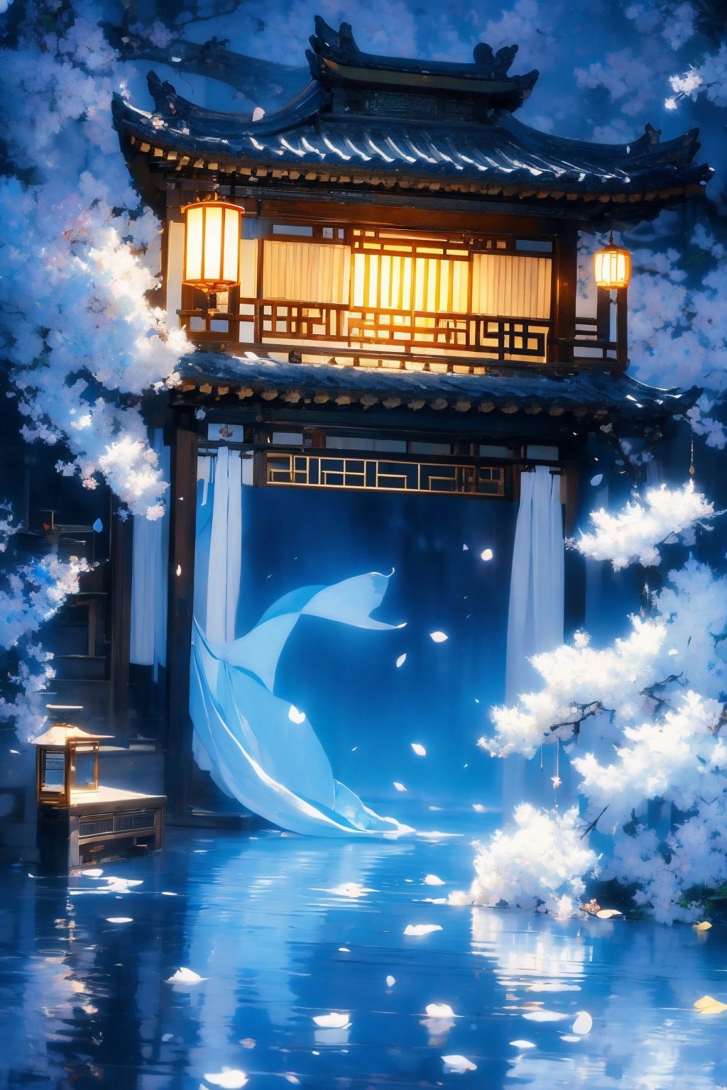 outdoors, sky, cloud, water, tree, no humans, building, scenery, reflection, lantern, stairs, architecture, east asian architecture,Chinese Architecture,blue moon, blue lotus pond,Surreal composition,White flowers and falling petals