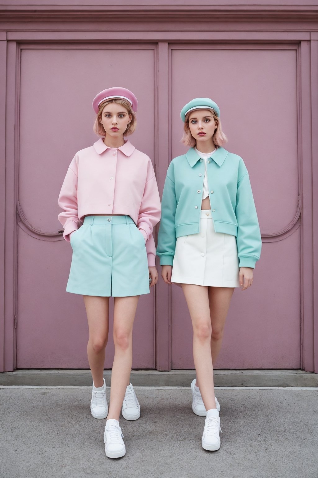 pastel vogue photoshoot of a cute couple in Wes Anderson Style pastel modern streetwear --ar 2:3 