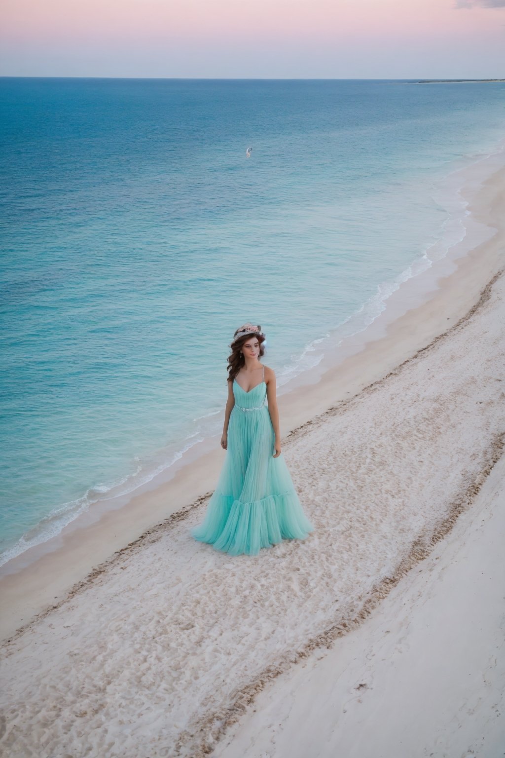 bird’s eye view fashion photoshoot of a cute young woman, wearing a haute couture jellyfish dress, on a tropical white sandy beach, turquoise ocean in the background, pastel sunset --ar 2:3 