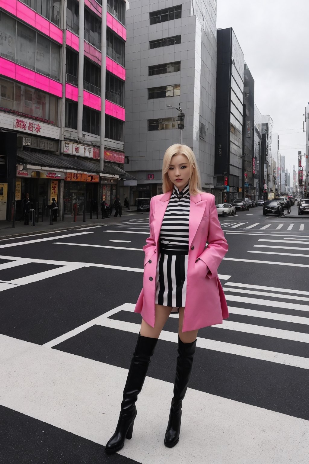 photo of a blonde high fashion chinese woman wearing pink haute couture, surreal :: very tall red tigh boots :: Tokyo streets, crosswalks stripes, traffic lights, cloudy day, Asian signs --ar 2:3