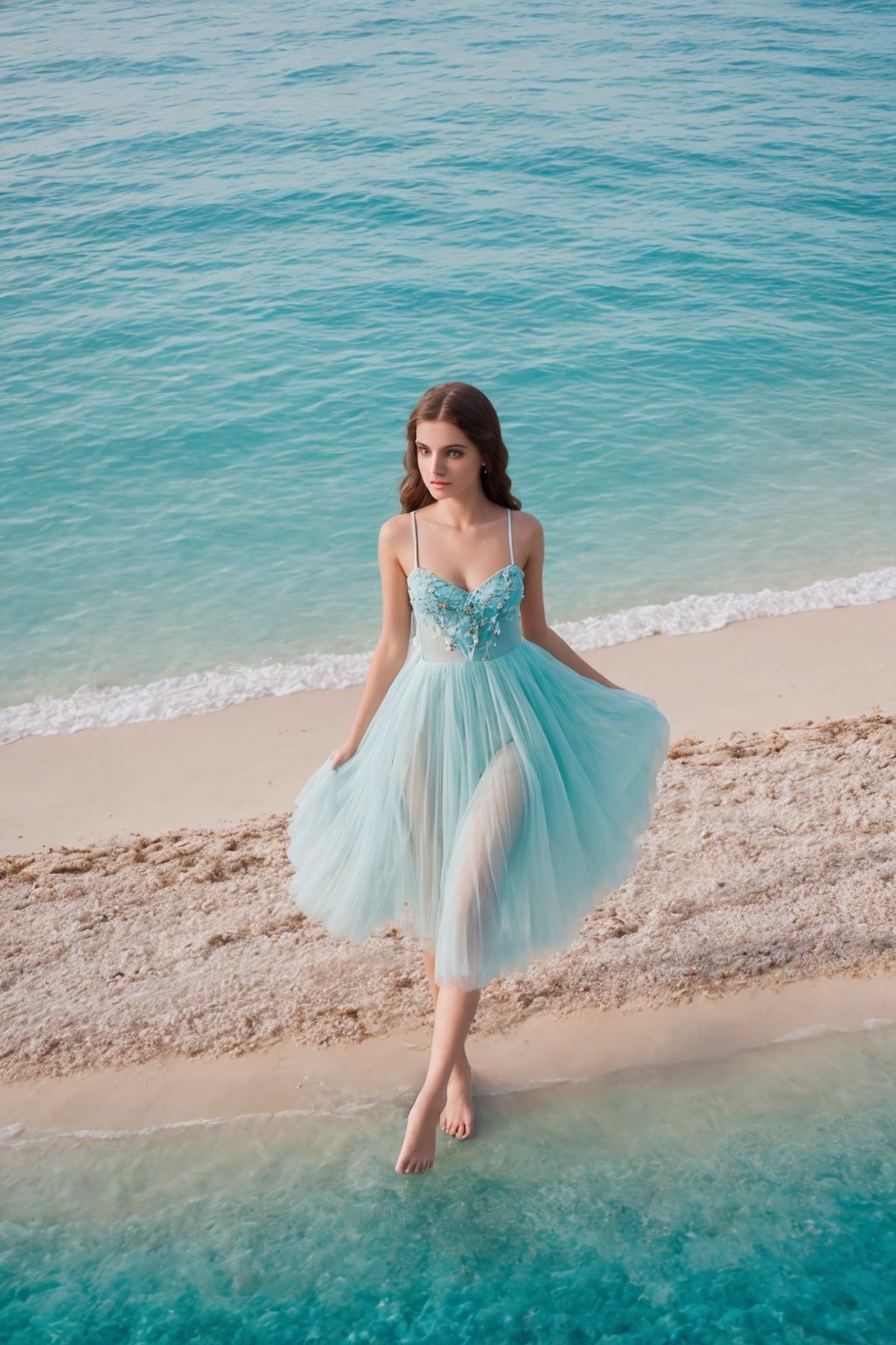 bird’s eye view fashion photoshoot of a cute young woman, wearing a haute couture jellyfish dress, on a tropical white sandy beach, turquoise ocean in the background, pastel sunset --ar 2:3 