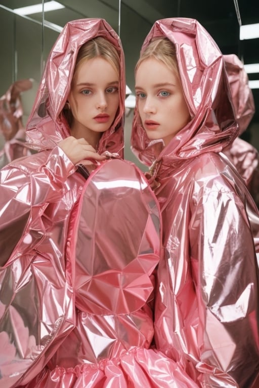 twin women both dressed in pink clothes shaped like trashbags, surrounded by mirrors with reflections of pink trashbags in each mirror, make it high fashion like Dior, employs a Sony A7IV camera with Kodak Portra 400 film to showcase the vibrancy of the scene and deliver fine grain with impressive color accuracy. Real photo, high detail 