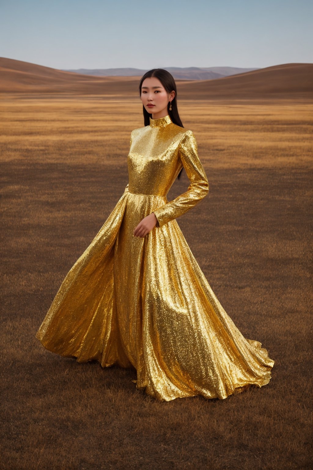 photo of a Mongolian woman wearing a golden shiny haute couture dress that shows a mirror reflection of the Mongolian landscape around the model, golden crown, reflections, fire on the ground that reflect warmth in her face --ar 2:3