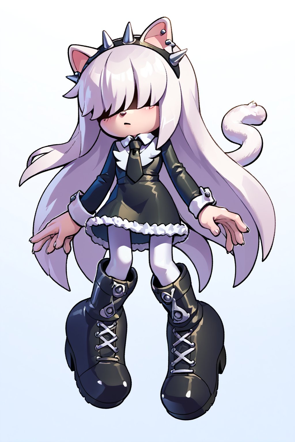 source_anime, fullbody, score_7_up, score_8_up, score_9_up, evnstnly. White hair, long hair, hair covering eyes, spiked hairband, short, black goth dress, white long sleeves, tie, pantyhose, boots, cat(cat ears, cat tail) ,white fur, white fur skin