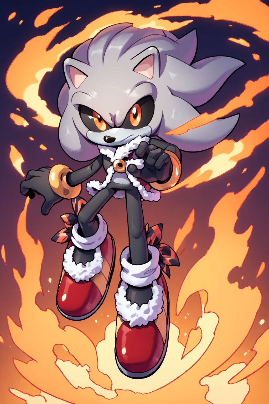 raised hair, fur made of fire, black sclera, large orange eyes, gray skin, sonic the hedgehog, male, source_anime, fullbody, score_7_up, score_8_up, score_9_up,gray hair,evnstnly