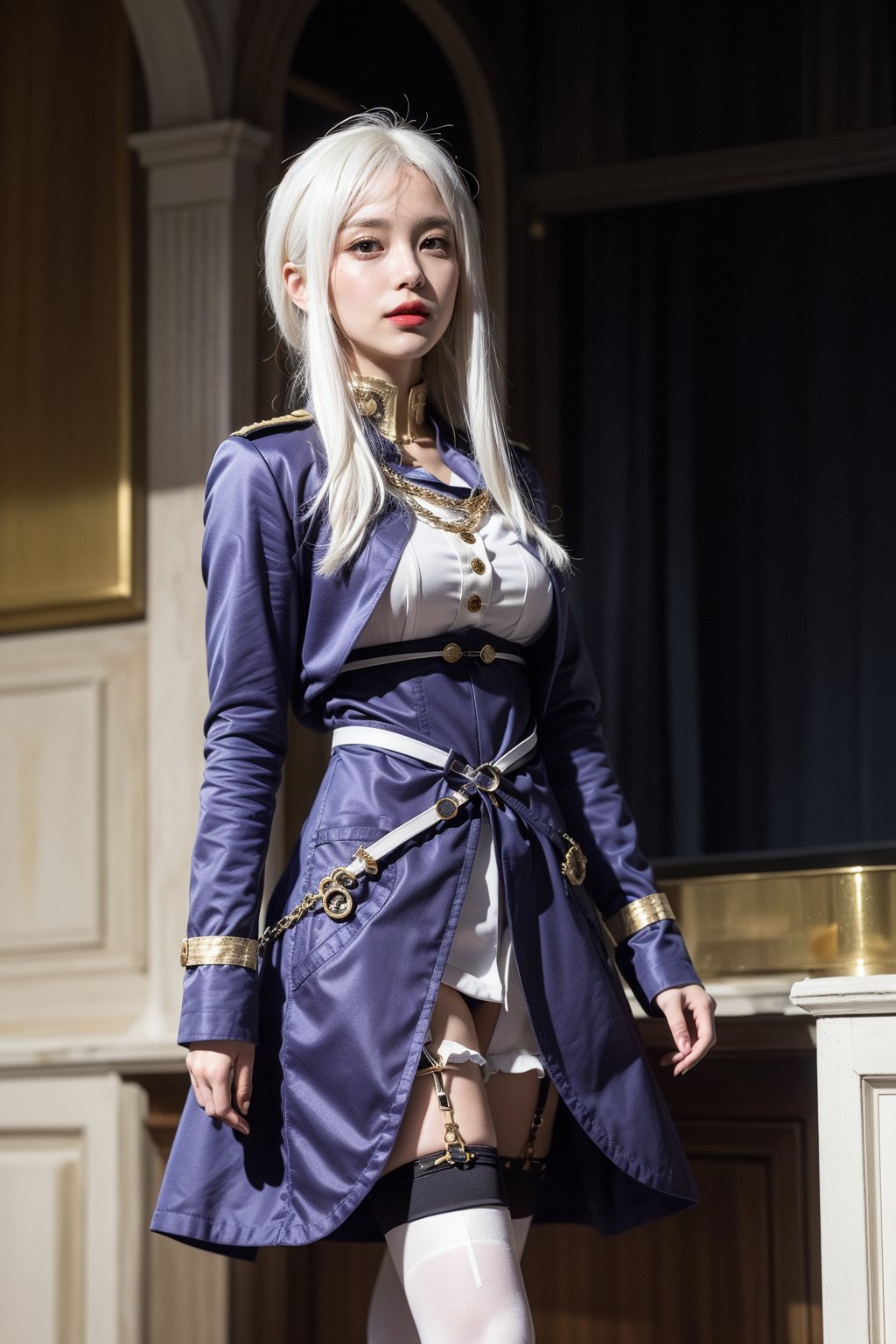 (lena, white hair, white stockings, long hair), military-inspired outfit, deep blue uniform-style coat, gold and white detailing, high collar with gold trim, gold buttons, gold stripes on arms, short white skirt, black belt with gold buckle, decorative gold chain, over-the-knee white stockings, black garter straps, deep blue ankle boots, yellow cuff, modern and fashionable twist, photorealistic photo, perfect female body, Read Description. High Detail,masterpiece,best quality,more detail,Hyper Quality,detailed,more detail,Texture-rich,Delicate texture