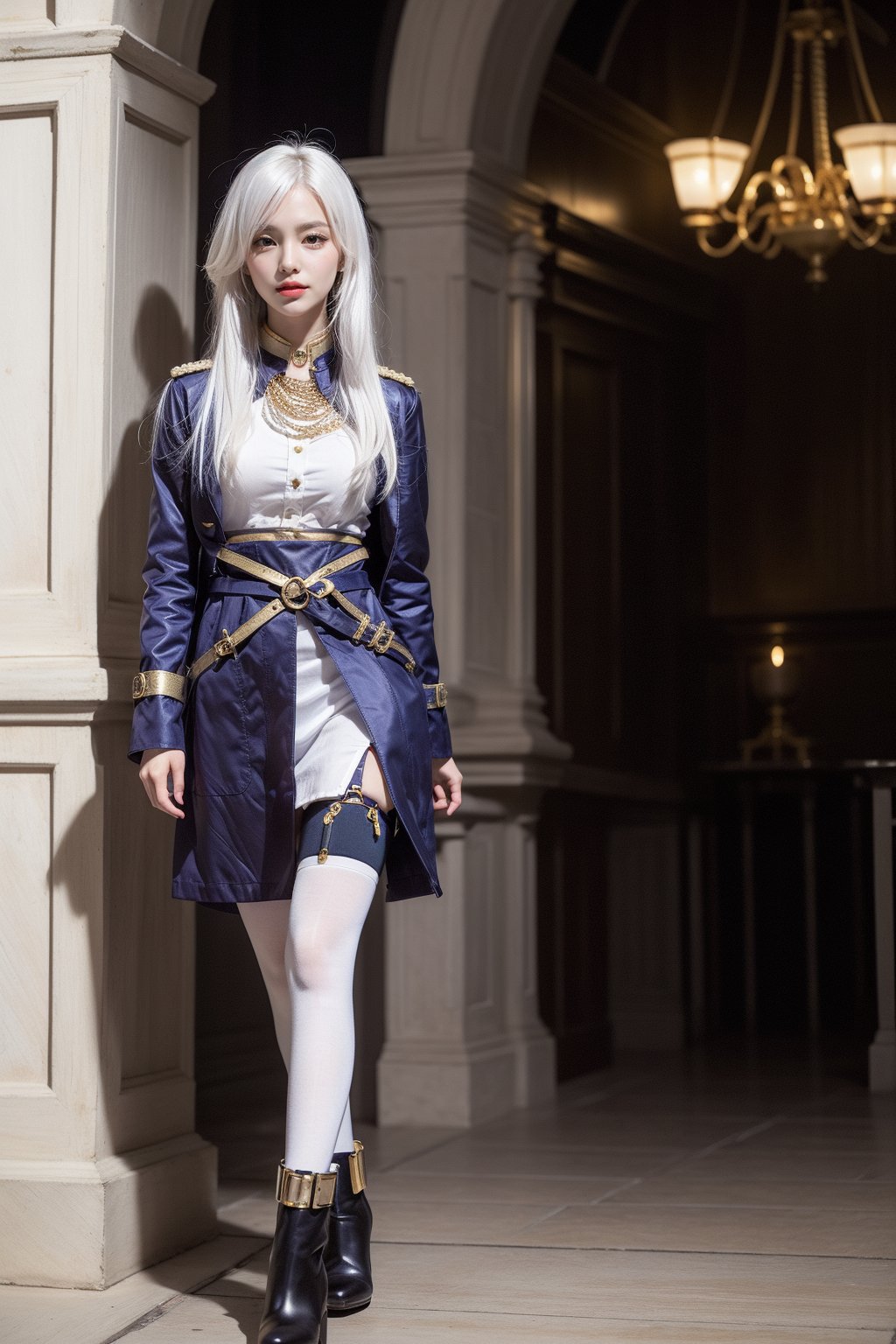 (lena, white hair, white stockings, long hair), military-inspired outfit, deep blue uniform-style coat, gold and white detailing, high collar with gold trim, gold buttons, gold stripes on arms, short white skirt, black belt with gold buckle, decorative gold chain, over-the-knee white stockings, black garter straps, deep blue ankle boots, yellow cuff, modern and fashionable twist, photorealistic photo, perfect female body, Read Description. High Detail,masterpiece,best quality,more detail,Hyper Quality,detailed,more detail,Texture-rich,Delicate texture,1 girl