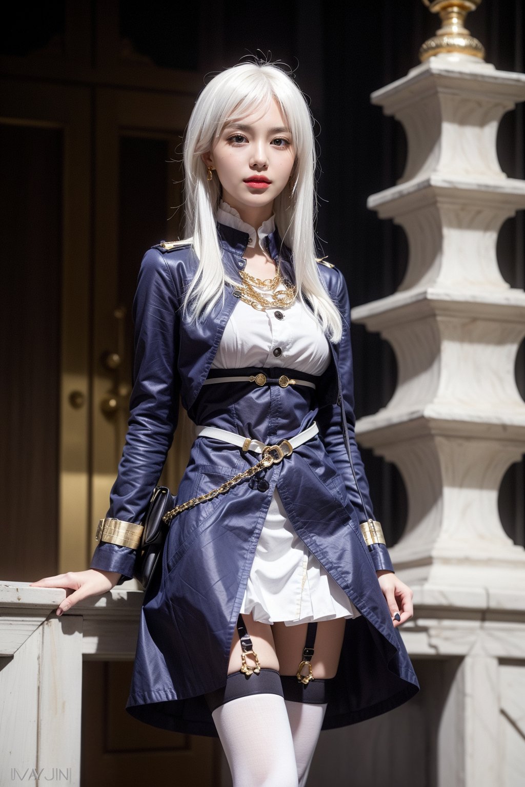 (lena, white hair, white stockings, long hair), military-inspired outfit, deep blue uniform-style coat, gold and white detailing, high collar with gold trim, gold buttons, gold stripes on arms, short white skirt, black belt with gold buckle, decorative gold chain, over-the-knee white stockings, black garter straps, deep blue ankle boots, yellow cuff, modern and fashionable twist, photorealistic photo, perfect female body, Read Description. High Detail,masterpiece,best quality,more detail,Hyper Quality,detailed,more detail,Texture-rich,Delicate texture