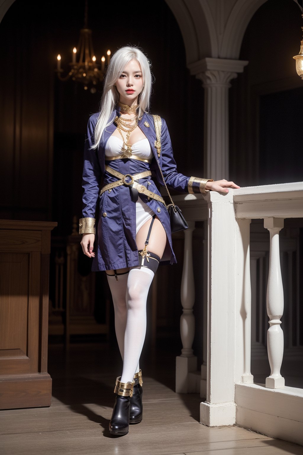 (lena, white hair, white stockings, long hair), military-inspired outfit, deep blue uniform-style coat, gold and white detailing, high collar with gold trim, gold buttons, gold stripes on arms, short white skirt, black belt with gold buckle, decorative gold chain, over-the-knee white stockings, black garter straps, deep blue ankle boots, yellow cuff, modern and fashionable twist, photorealistic photo, perfect female body, Read Description. High Detail,masterpiece,best quality,more detail,Hyper Quality,detailed,more detail,Texture-rich,Delicate texture,1 girl