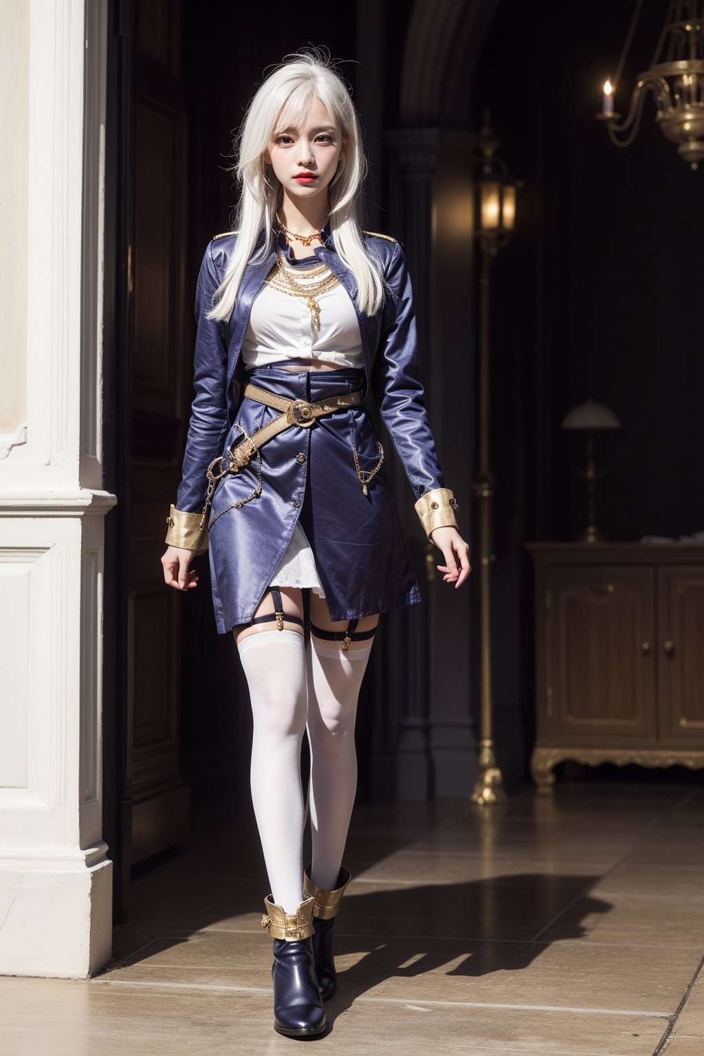 (lena, white hair, white stockings, long hair, bangs, hair between eyes), military-inspired outfit, deep blue uniform-style coat, gold and white detailing, high collar with gold trim, gold buttons, gold stripes on arms, short white skirt, black belt with gold buckle, decorative gold chain, over-the-knee white stockings, black garter straps, deep blue ankle boots, yellow cuff, modern and fashionable twist, photorealistic photo, perfect female body, Read Description. High Detail,masterpiece,best quality,more detail,Hyper Quality,detailed,more detail,Texture-rich,Delicate texture,1 girl