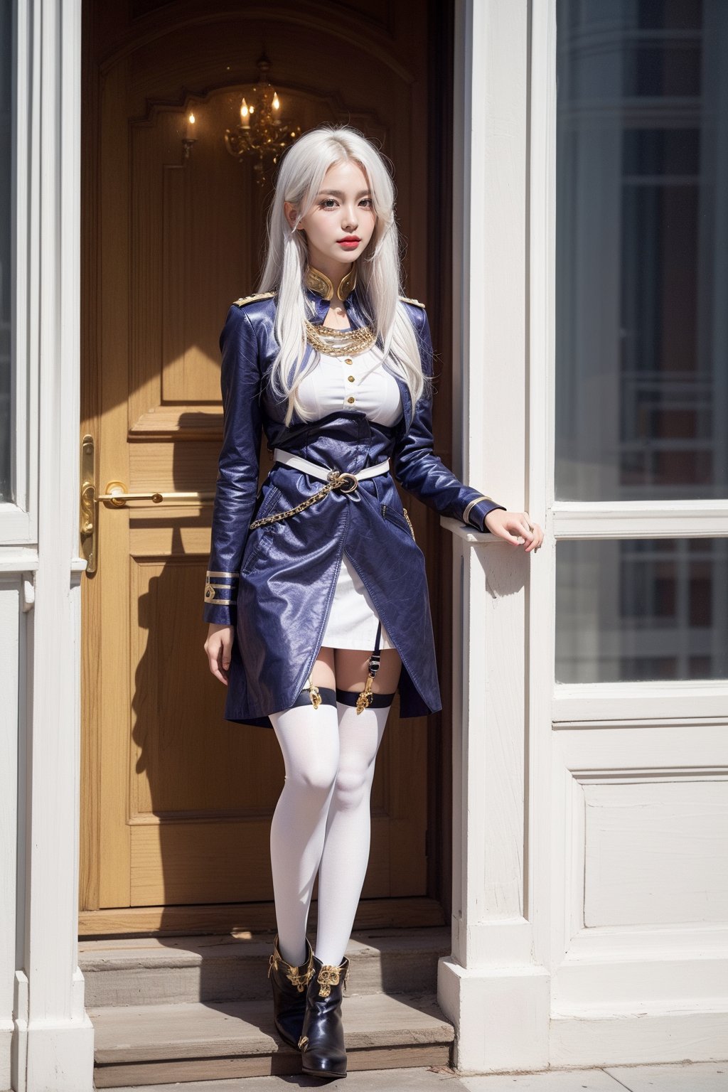 (lena, white hair, white stockings, long hair), military-inspired outfit, deep blue uniform-style coat, gold and white detailing, high collar with gold trim, gold buttons, gold stripes on arms, short white skirt, black belt with gold buckle, decorative gold chain, over-the-knee white stockings, black garter straps, deep blue ankle boots, yellow cuff, modern and fashionable twist, photorealistic photo, perfect female body, Read Description. High Detail,masterpiece,best quality,more detail,Hyper Quality,detailed,more detail,Texture-rich,Delicate texture,1 girl