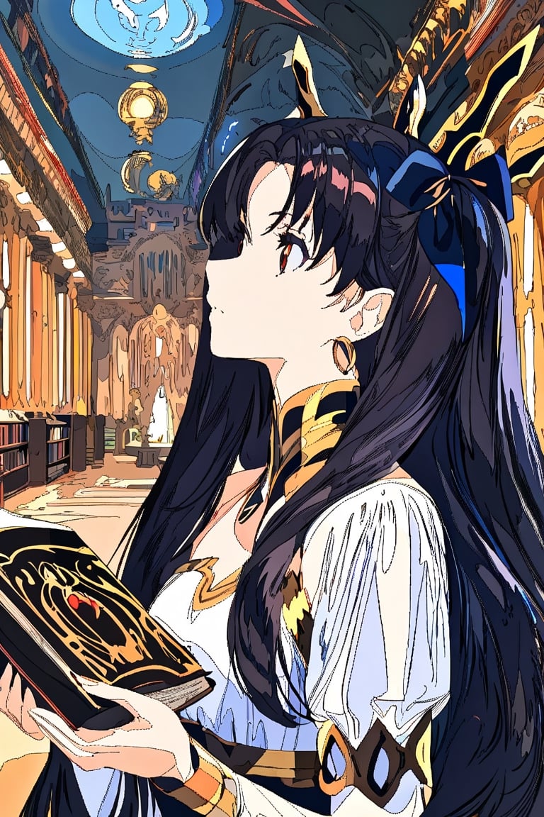 A beautiful witch reading a grimoire in an enchanting library, surrounded by mystical atmosphere and magical ambiance. (masterpiece, top quality, best quality), (1girl:1.4), upper body,portrait, extreme detailed,Cogecha,ishtar \(fate\)