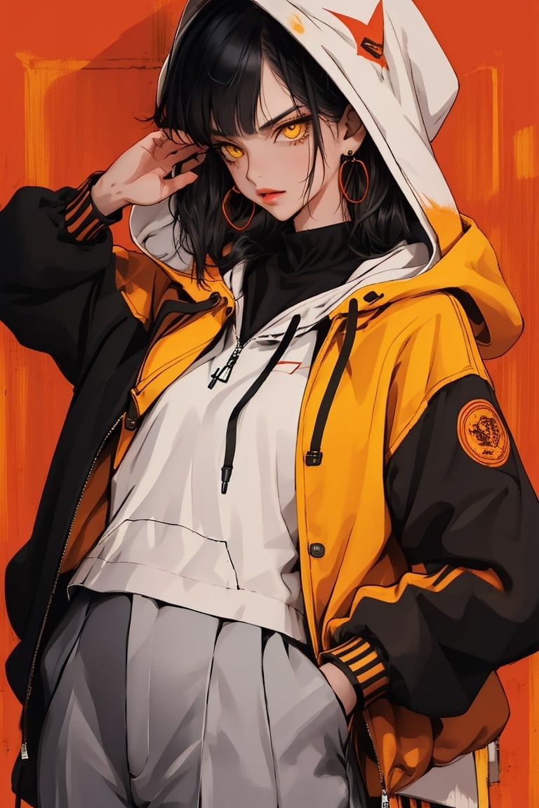 (masterpiece),cool girl,long hair,cool_pose,black hair,looking_at_viewer,upper body,rainning,best quality, highres,hands in pocket,1girl yellow eyes earrings,glare,Bangs,
(red Hooded Jacket),Cyber Background ,allblacksuit