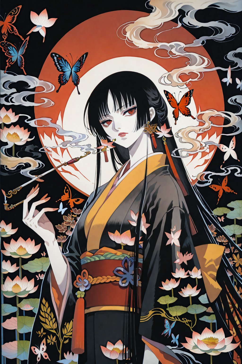 score_9,score_8_up,score_7_up,masterpiece,best quality,xxxHOLiC,Ichihara Yuko,1girl,black hair,solo,japanese clothes,kiseru,smoking pipe,red eyes,bug,butterfly,long hair,kimono,flower,smoke,pale skin,lotus,traditional media,,CLAMP