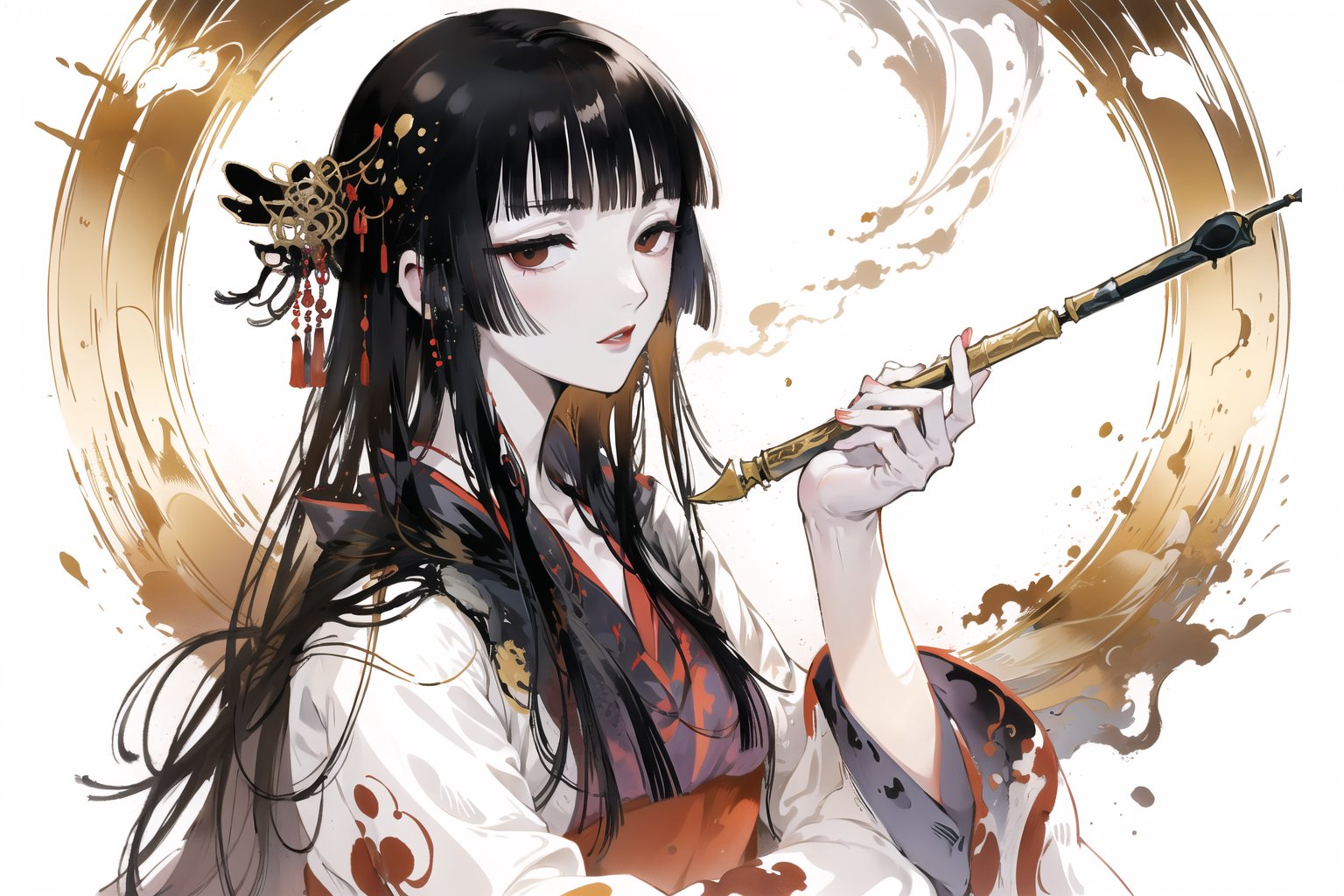 masterpiece, 1girl, oriental style, long hands,
(white background:1.5),
simple background,
mature female,
kimono,Holding a smoking pipe,
,masterpiece,
line anime,fujimotostyle,
,best quality,
Ukiyo-e,ink splash,A Traditional Japanese Art,ancient_beautiful,poakl