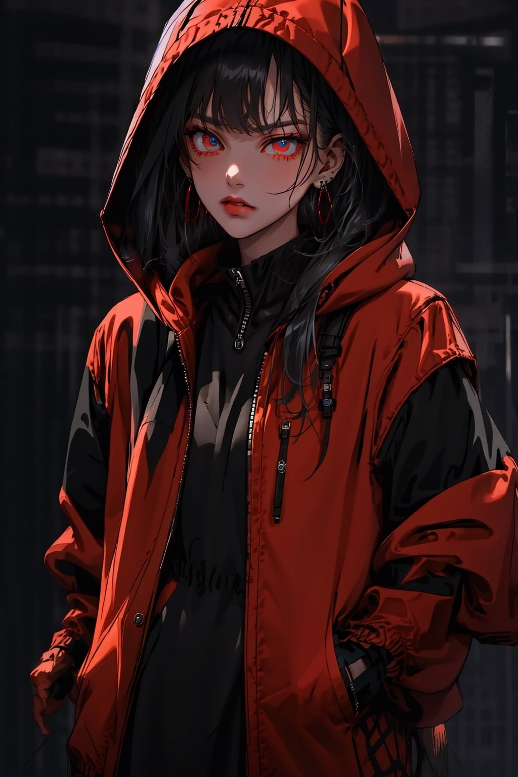 (masterpiece),cool girl,long hair,cool_pose,black hair,looking_at_viewer,upper body,rainning,best quality, highres,hands in pocket,1girl red eyes earrings,glare,Bangs,
(black Hooded Jacket),(cyberpunk Background) ,allblacksuit,niji,blue eyes