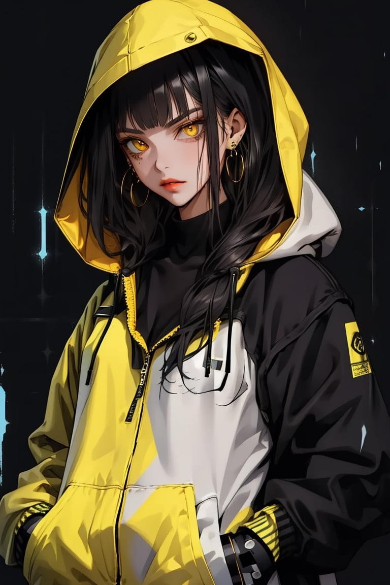 (masterpiece),cool girl,long hair,cool_pose,black hair,looking_at_viewer,upper body,rainning,best quality, highres,hands in pocket,1girl yellow eyes earrings,glare,Bangs,
(black Hooded Jacket),((Cyber Background)) ,allblacksuit