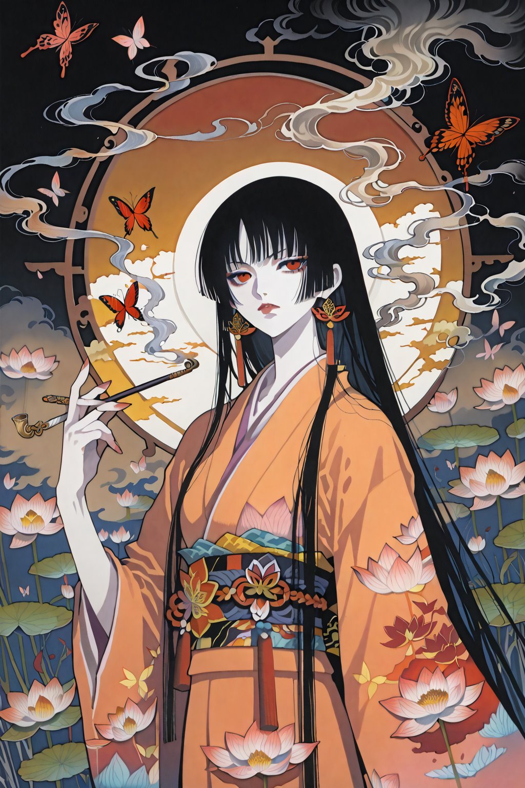 score_9,score_8_up,score_7_up,masterpiece,best quality,xxxHOLiC,Ichihara Yuko,1girl,black hair,solo,japanese clothes,kiseru,smoking pipe,red eyes,bug,butterfly,long hair,kimono,flower,smoke,pale skin,lotus,traditional media,,CLAMP