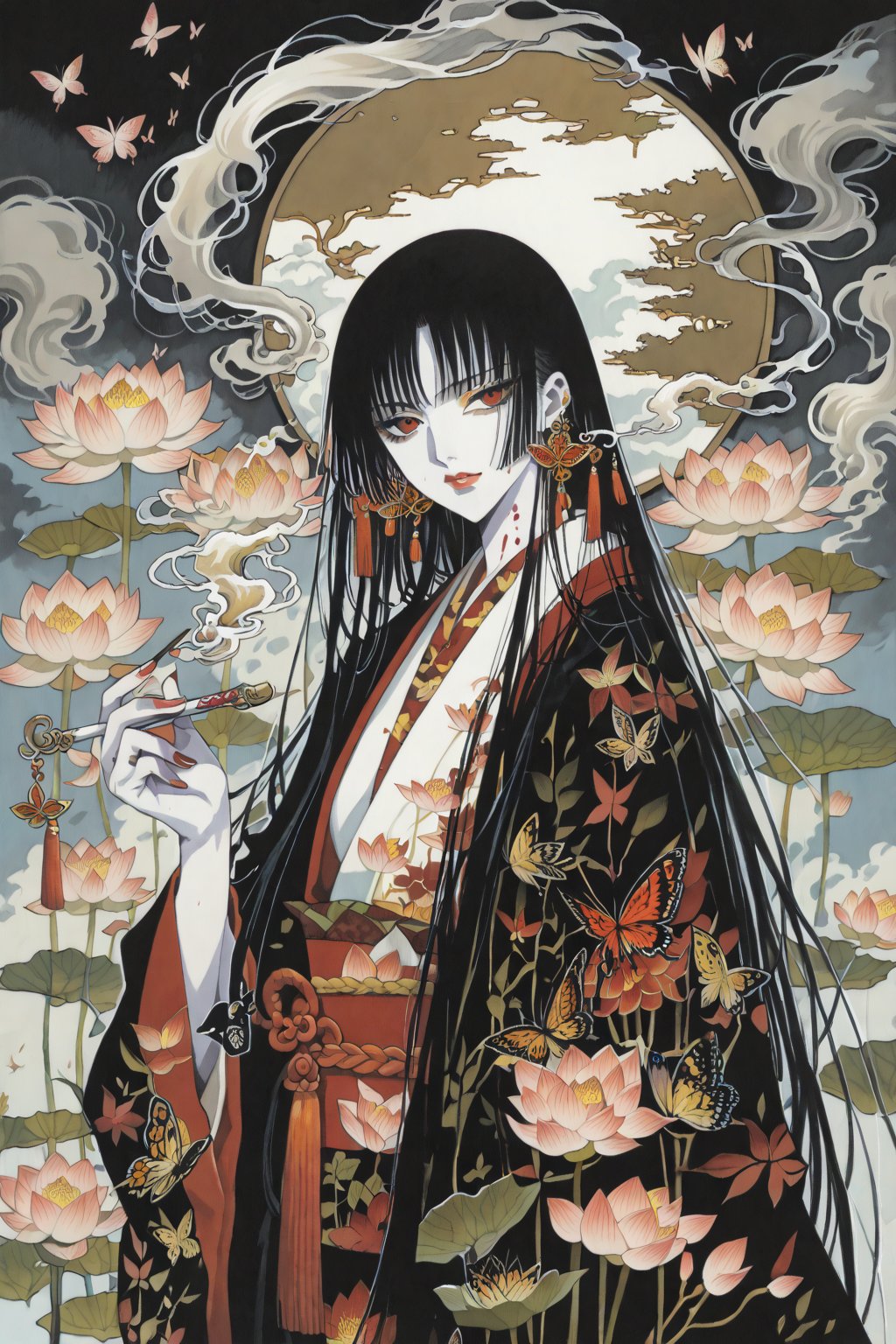 score_9,score_8_up,score_7_up,masterpiece,best quality,xxxHOLiC,Ichihara Yuko,1girl,black hair,solo,japanese clothes,kiseru,smoking pipe,red eyes,bug,butterfly,long hair,kimono,flower,smoke,pale skin,lotus,traditional media,,CLAMP, ink wash painting,shuimo style,rating_explicit