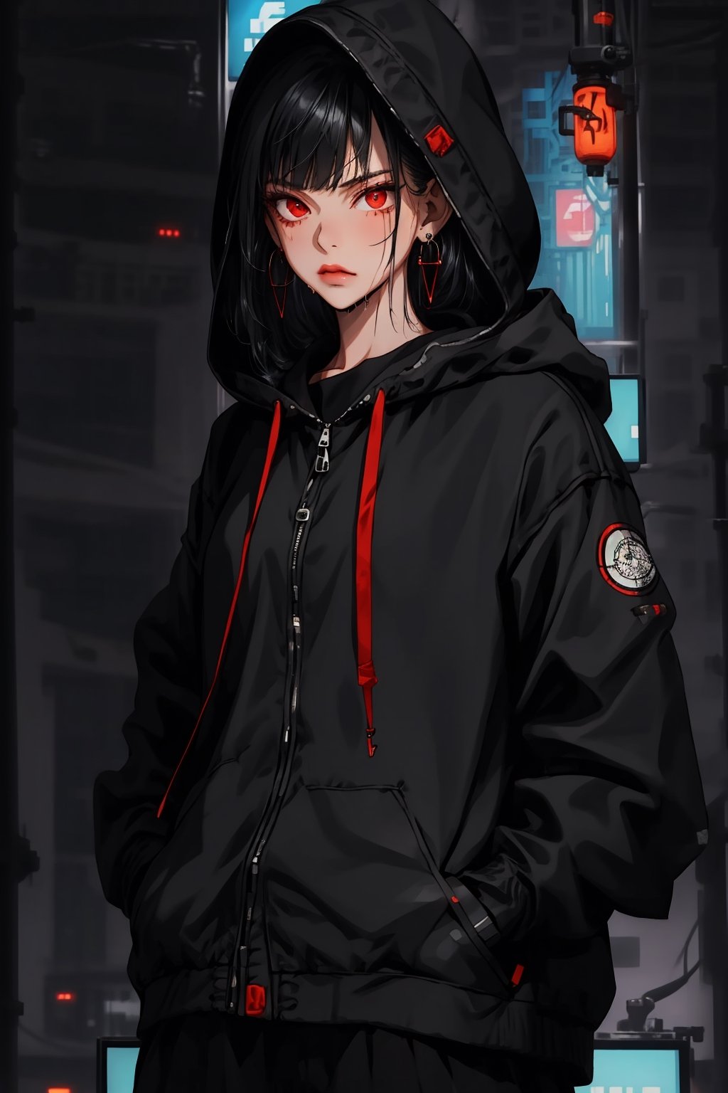 (masterpiece),cool girl,long hair,cool_pose,black hair,looking_at_viewer,upper body,rainning,best quality, highres,(hands in pocket),1girl red eyes earrings,glare,Bangs,
(black Hooded Jacket),(cyberpunk Background) ,allblacksuit,niji,