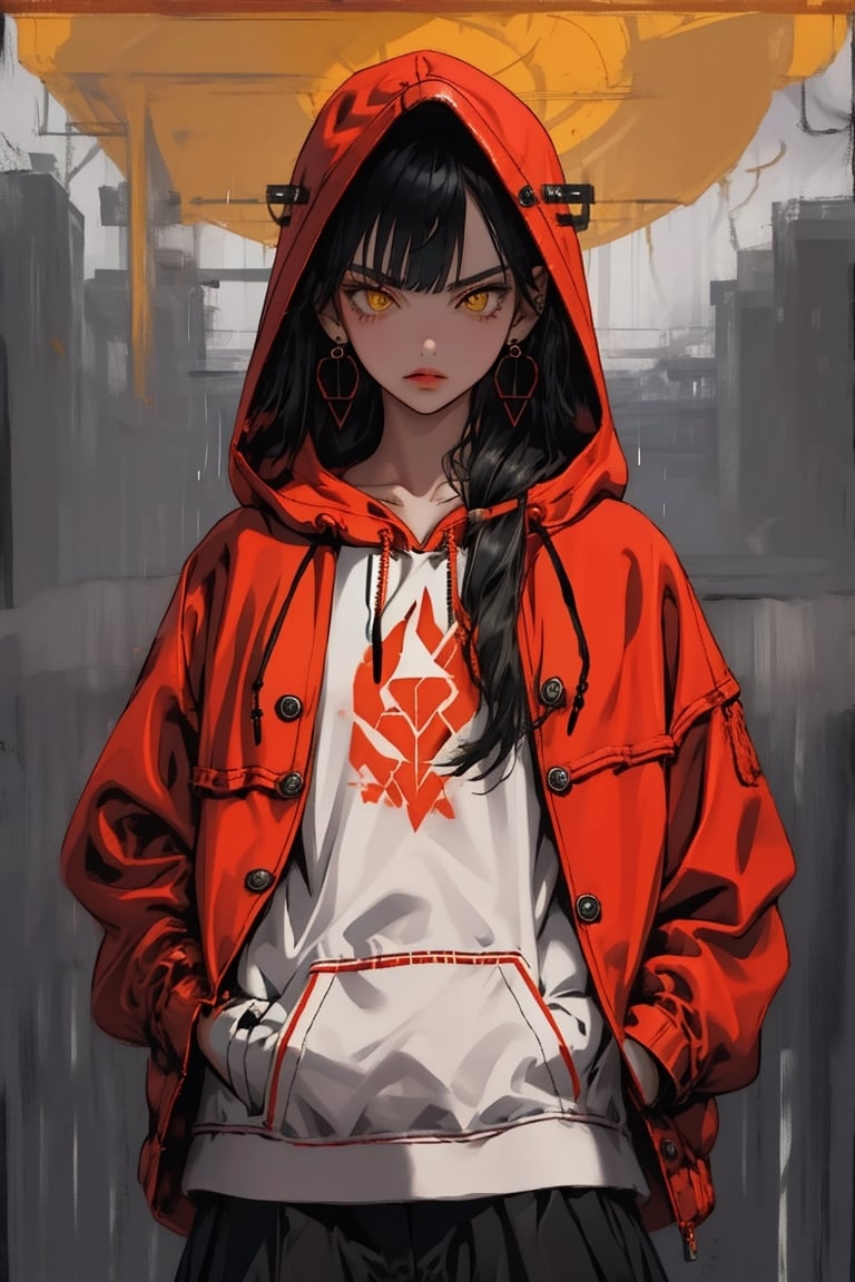 (masterpiece),cool girl,long hair,cool_pose,black hair,looking_at_viewer,upper body,rainning,best quality, highres,hands in pocket,1girl yellow eyes earrings,glare,Bangs,
(red Hooded Jacket),Cyber Background ,allblacksuit