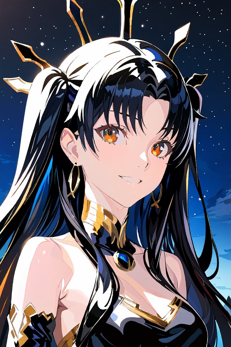  (masterpiece, top quality, best quality), (1girl:1.4), upper body,portrait, extreme detailed,Cogecha,ishtar \(fate\),8k,high resolution,smile,face looking into camera,night,starry sky