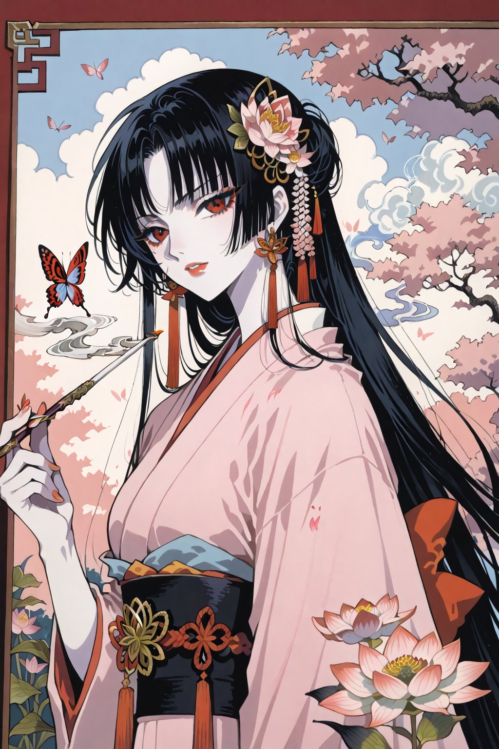 score_9,score_8_up,score_7_up,masterpiece,best quality,xxxHOLiC,Ichihara Yuko,1girl,black hair,solo,japanese clothes,kiseru,smoking pipe,red eyes,bug,butterfly,long hair,kimono,flower,smoke,pale skin,lotus,traditional media,,CLAMP, ink wash painting,shuimo style