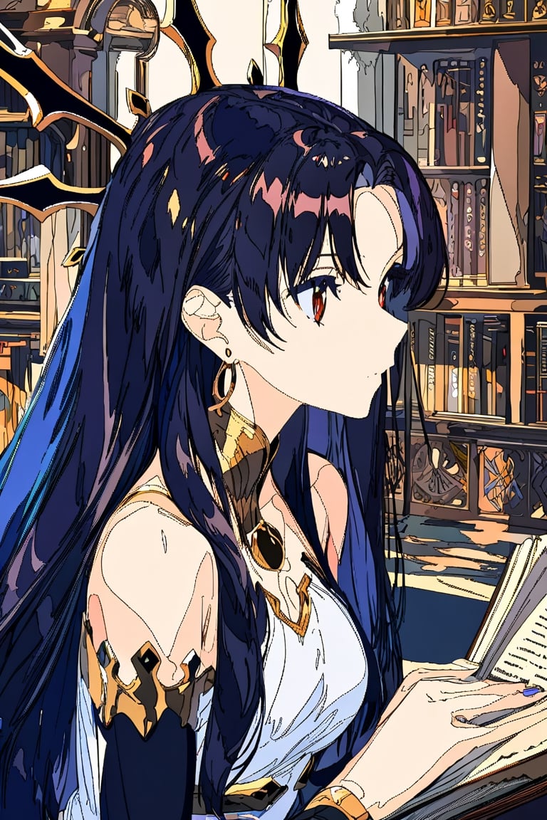 A beautiful witch reading a grimoire in an enchanting library, surrounded by mystical atmosphere and magical ambiance. (masterpiece, top quality, best quality), (1girl:1.4), upper body,portrait, extreme detailed,Cogecha,ishtar \(fate\)