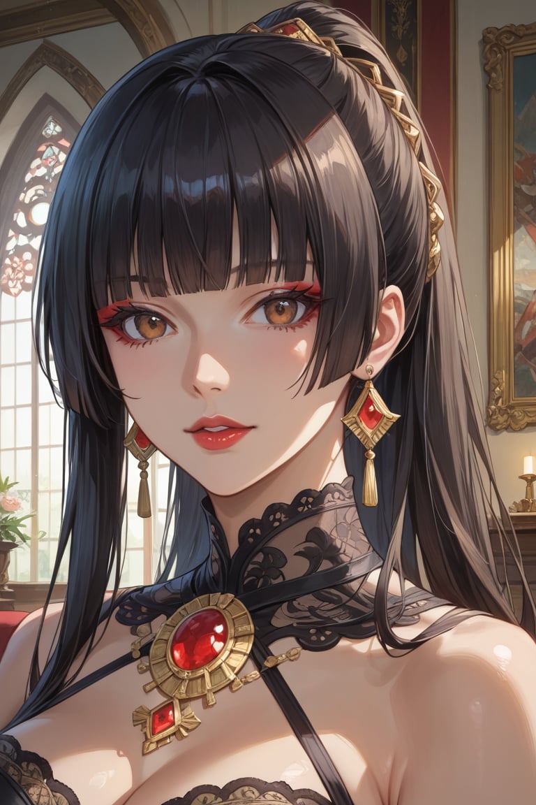 score_9, score_8_up, score_7_up, masterpiece, best quality, absurdres, very aesthetic, source_anime, detailed illustration, 8K UHD, close up, 
1girl, solo, looking at viewer,long hair, bangs, black hair, brown eyes, jewelry,earrings, parted lips, indoors, blunt bangs, black dress, makeup, ring, gem, red lips,hime_cut,ponytail,cowboy shot