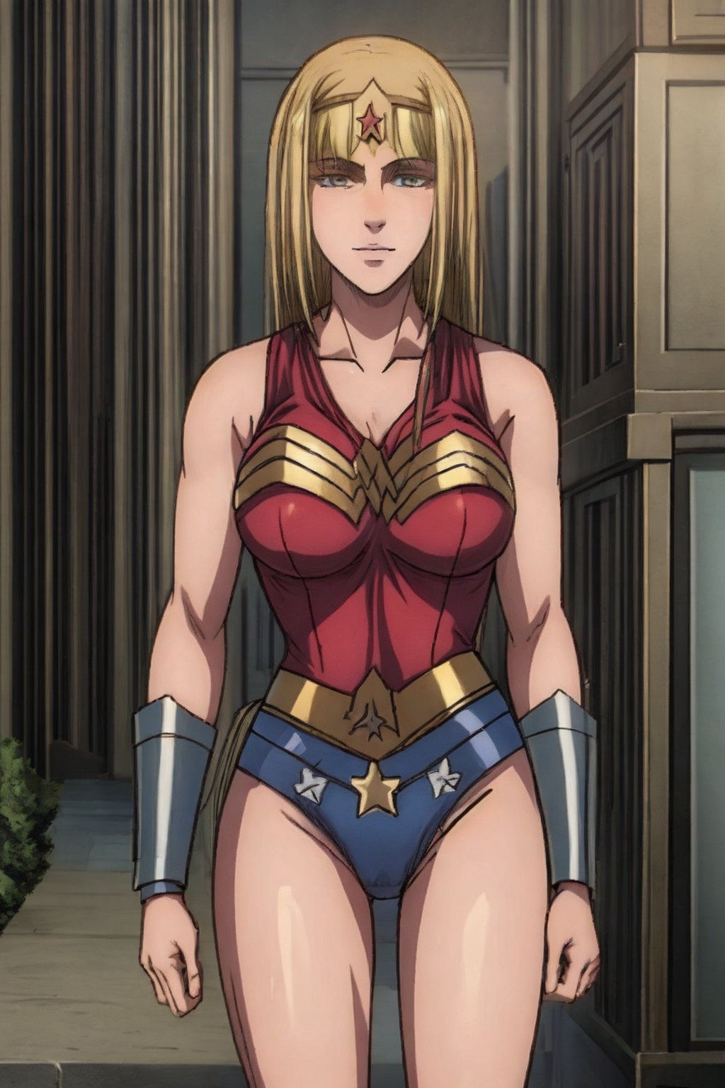 1 girl, alone, city, masterpiece, very detailed, blonde, long hair Lora de Ymir, big breasts, soft smile, wearing, the costume, wonder woman,wonder2