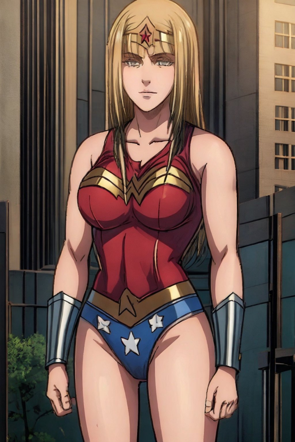 1 girl, alone, city, masterpiece, very detailed, blonde, long hair Lora de Ymir, big breasts, soft smile, wearing, the costume, wonder woman,wonder2