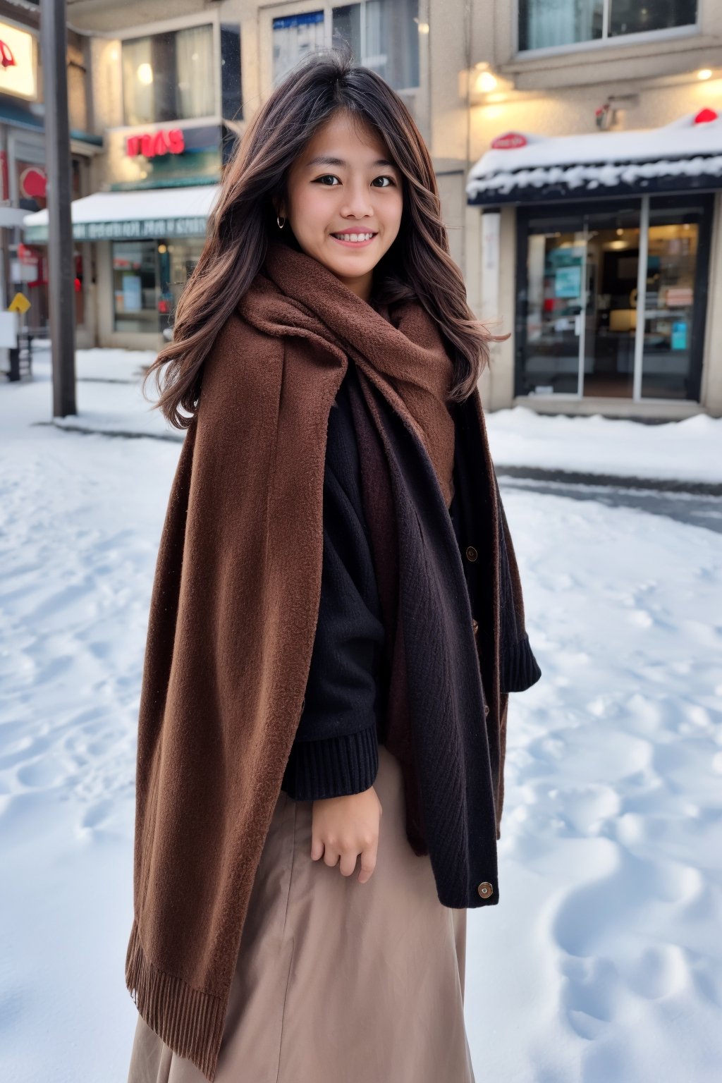 Beautiful and delicate light, (beautiful and delicate eyes), pale skin, big smile, (brown eyes), (black long hair), dreamy, medium chest, woman 1, (front shot), japen girl, bangs, soft expression, height 170, elegance, bright smile, 8k art photo, realistic concept art, realistic, portrait, necklace, small earrings, handbag, fantasy, jewelry, shyness, skirt, winter down parka, scarf, snowy street, footprints,Future girl, kama-yi, (kama-yi)