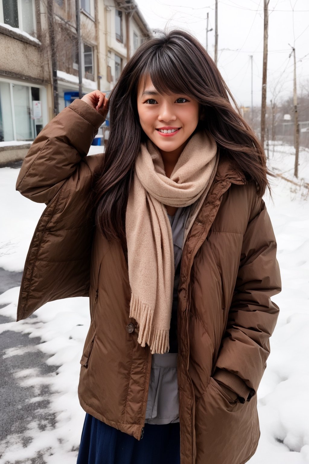 Beautiful and delicate light, (beautiful and delicate eyes), pale skin, big smile, (brown eyes), (black long hair), dreamy, medium chest, woman 1, (front shot), japen girl, bangs, soft expression, height 170, elegance, bright smile, 8k art photo, realistic concept art, realistic, portrait, necklace, small earrings, handbag, fantasy, jewelry, shyness, skirt, winter down parka, scarf, snowy street, footprints,Future girl, kama-yi, (kama-yi)