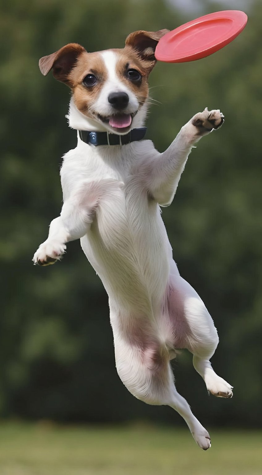 araffe dog jumping in the air to catch a frisbee, on his hind legs, jumping for joy, horizontally leaping!!!, the dog is doing a ballet dance, ( dog ) jumps over hill, leaping, jack russel dog, jack russel terrier surprised, in an action pose, jack russel terrier, leaping into the air