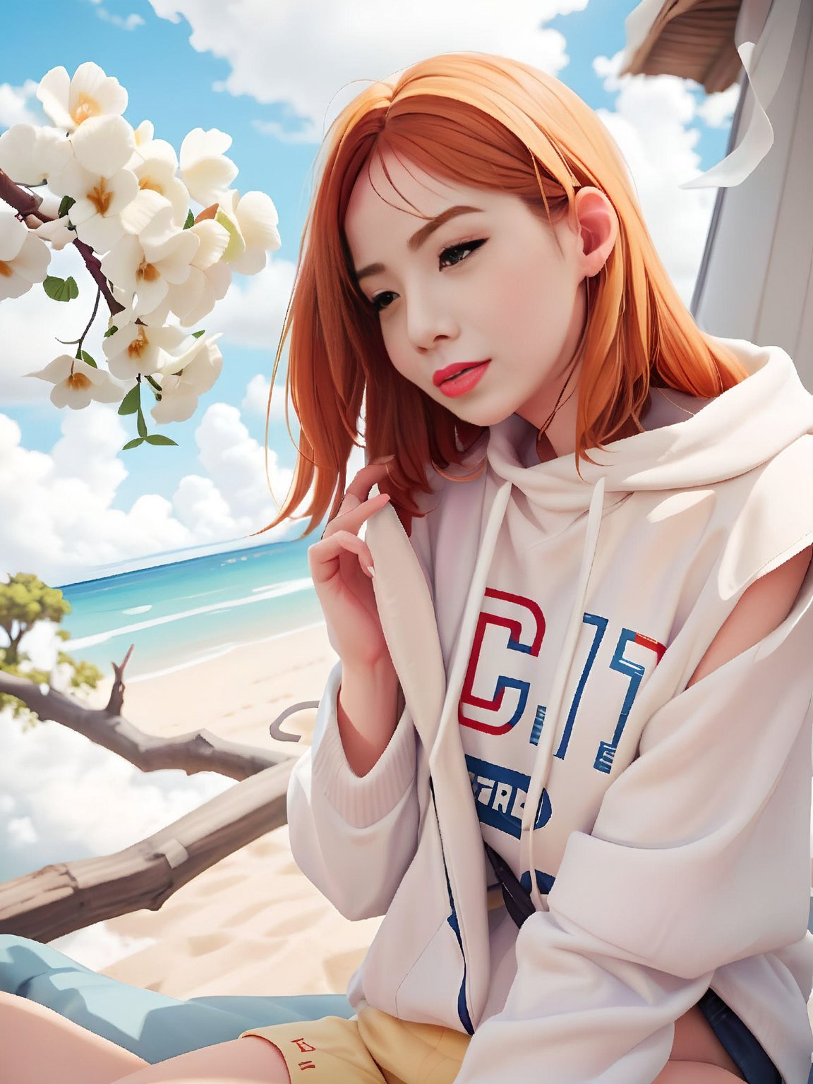 In a warm, golden-lit afternoon setting, a woman sits serenely on a worn wooden bench, her slender fingers cradling a delicate flower. Softly focused, the background blends into a gentle haze, while the subject's features are rendered with photorealistic precision, akin to Sun Yunjoo's masterful style. Her eyes, like pools of calm water, invite contemplation as she gazes downward, the flower's petals unfolding like a delicate promise. The 4K digital art, reminiscent of Guweiz and Artgerm's work, presents a captivating still life, where realism and anime-inspired beauty converge.