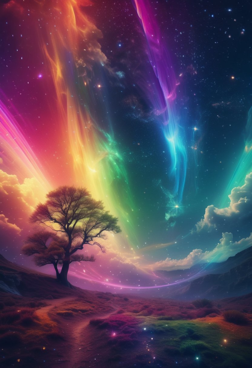 A majestic leafy tree, adorned with vibrant and colorful streamers, stands tall against the serene backdrop of epic galactic skies, where swirling starclouds in hyper-realistic 16K HDR subtly fade into the horizon. Soft, gradient colors gently blend across the frame, showcasing a professional color palette with no harsh contrast. A wide-angel lens captures the intricate details of the tree's leafy branches and delicate streamers, while sharp focus ensures every aspect of this surreal scene is crystal clear.