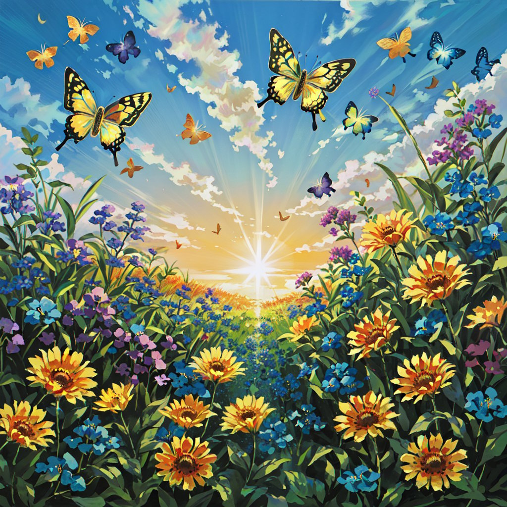 masterpiece, 4K resolution, high definition, ultra-detailed, A stunning landscape of a flower field stretches before us, with dainty petals dancing in the gentle breeze. A kaleidoscope of butterflies - sapphire, amethyst, and gold - flutter around WALLY as he stands centered, admiring their iridescent wings aglow in warm sunlight. The composition is beautifully balanced, featuring triangular clusters of flowers against a soft blue sky. A shaft of light casts a warm glow on the lush greenery, highlighting each bloom's intricate details. Framed by a serene atmosphere, this idyllic scene transports us to a world of peaceful wonder.