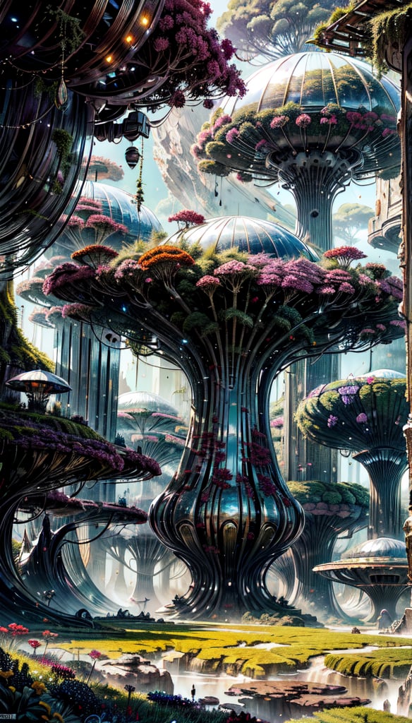 "Painting, ultra high definition, girl with long black hair and large red flowers, yellow eyes, standing on an alien planet, sunlight illuminating metallic petals, fantasy environment, vivid hues, detailed vegetation, vast alien sky, dreamlike quality, immersive landscape. futuristic architectural details adorn the parchment background, adding depth and texture to this epic fantasy scene."