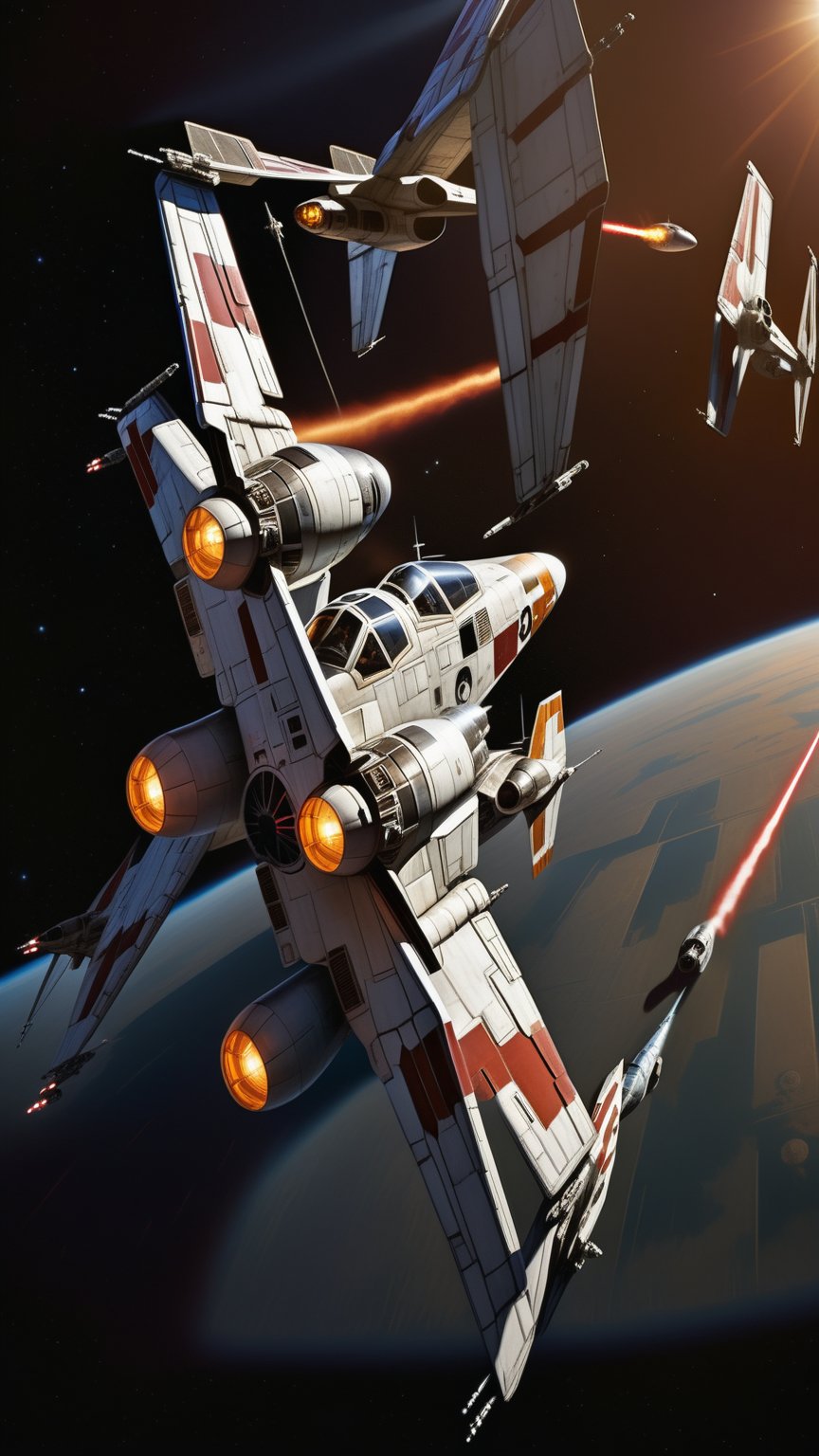 A dramatic close-up shot of the Star Wars X-Wing, a sleek and powerful spacecraft with gleaming metallic surfaces reflecting warm sunlight. The X-Wings's angular design is highlighted by a sharp contrast between its darkened cockpit and brightly polished hull. Against a bright blue sky, the ship's four wings that esembles an "X" appears as a symbol of technological advancement and intergalactic supremacy.