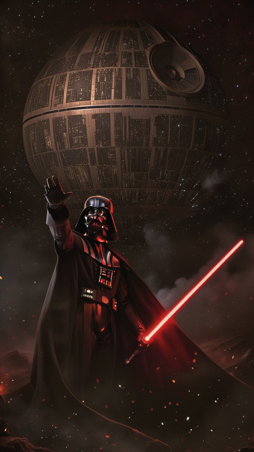 darth vader holding a light saber in front of a giant death star, darth vader, vader, star wars digital art, hd star wars photo, focus on darth vader, sith, sith lord, the fall of the galactic empire, dark vador, fighting darth vader, dark side, vader as captain america, ww 1 sith sorcerer, from star wars legends