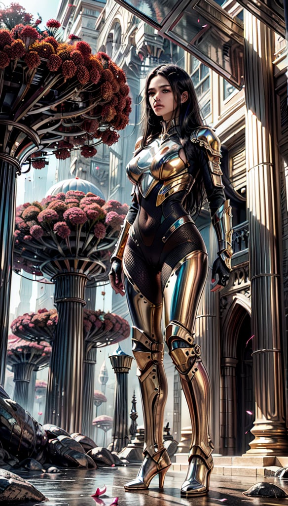 "Painting, ultra high definition, girl with long black hair and large red flowersin atitanium exoskeleton suit, yellow eyes, standing on an alien planet, sunlight illuminating metallic petals, fantasy environment, vivid hues, detailed vegetation, vast alien sky, dreamlike quality, immersive landscape. futuristic architectural details adorn the parchment background, adding depth and texture to this epic fantasy scene."