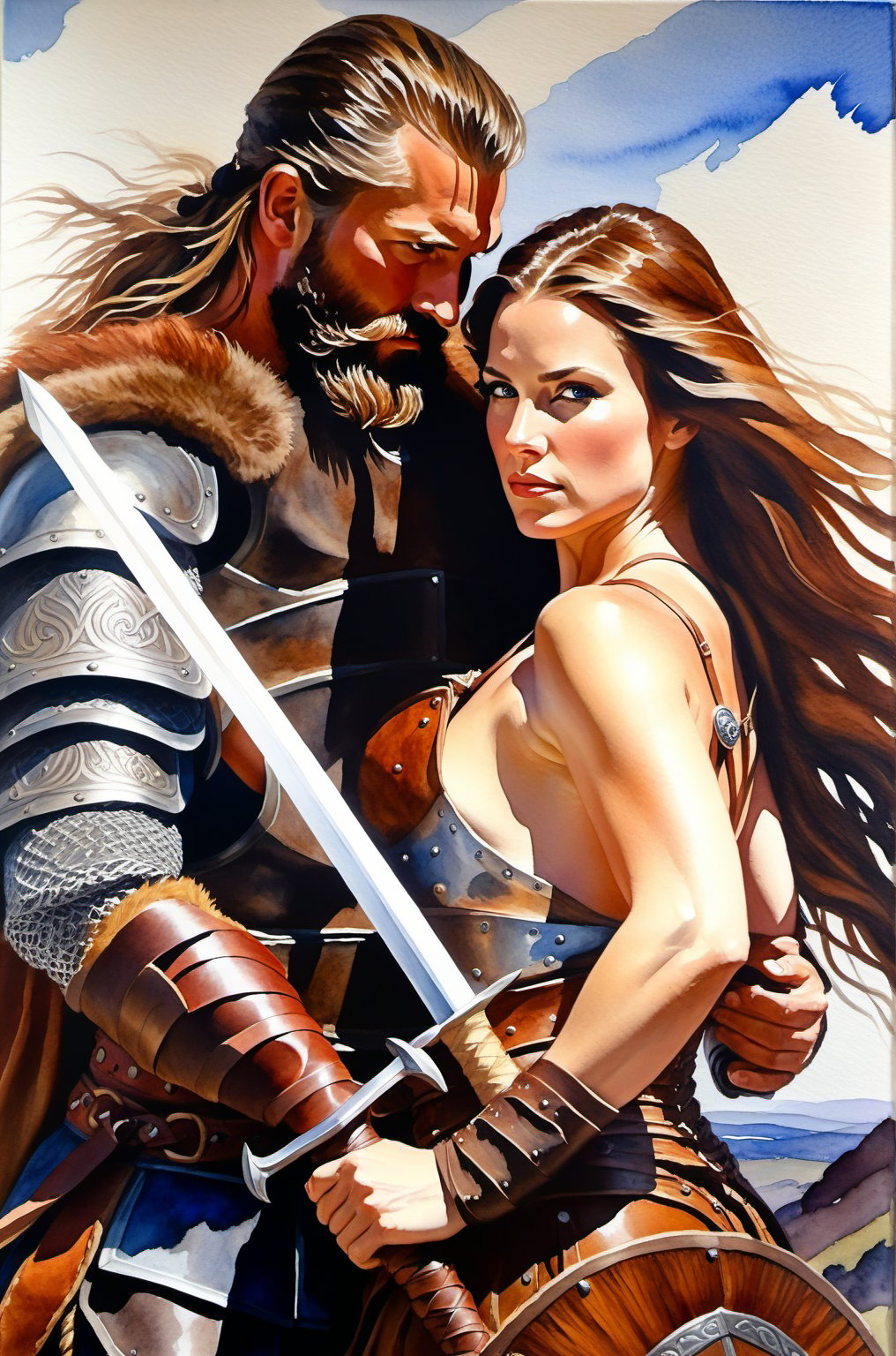 A watercolor painting of two person leaning back to back, A powerful viking warrior, his beard flowing like the wind, stands strong to the left of a fierce huntress, her brown locks cascading down her back, both gazing intensely at us. The man wears animal hide armor, his muscular frame rippling beneath, while he holds a spear at the ready. With her back leaning to him while facing viewers, the woman dons a leather bikini, her sword arm flexed in anticipation. Before them, a rugged landscape unfolds under a brilliant blue sky, the horizon meeting the eye.,artistic oil painting stick