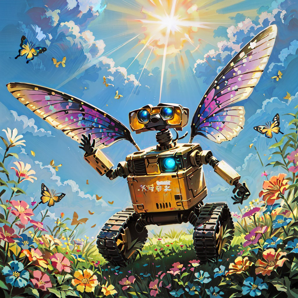 masterpiece, 4K resolution, high definition, ultra-detailed, An image of a mechanized robot WALLY from the movie WALL-E, A stunning landscape of a flower field stretches before us, with dainty petals dancing in the gentle breeze. A kaleidoscope of butterflies - sapphire, amethyst, and gold - flutter around him as he stands centered, admiring their iridescent wings aglow in warm sunlight. The composition is beautifully balanced, featuring triangular clusters of flowers against a soft blue sky. A shaft of light casts a warm glow on the lush greenery, highlighting each bloom's intricate details. Framed by a serene atmosphere, this idyllic scene transports us to a world of peaceful wonder.