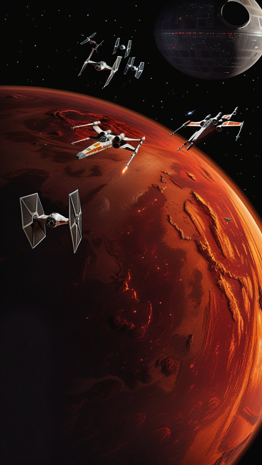 spaceships and star wars vehicles flying over a red planet, star wars digital art, tie fighters, star wars atmosphere, star wars space battle, hd star wars photo, mustafar, tie fighters patrolling, star wars universe, hq 4k phone wallpaper, tie fighter, from star wars, ilm of an epic sci-fi, x-wing