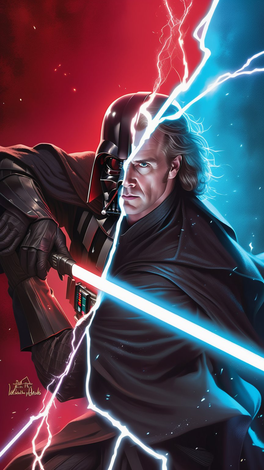 darth vader and darth vader sit in front of a red background, star wars digital art, by Eddie Mendoza, dramatic duel of the fates, joe biden as a sith lord, anakin skywalker, sith, sith lord, epic full color illustration, by Jorge Jacinto, epic digital art illustration, holding a lightsabre. splash art, star wars art