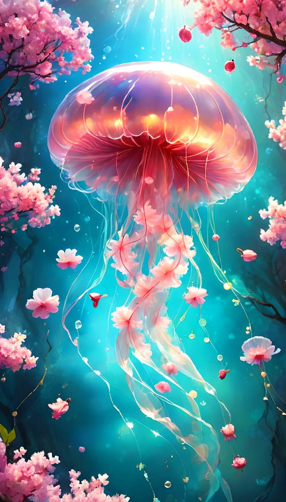 **A glowing jellyfish floating in the air, surrounded by blooming cherry blossoms, fantasy illustration in the style of magical atmosphere, ethereal lighting, fantasy background, dreamy mood, surreal style, high resolution, vibrant colors, intricate details, soft focus on background elements.