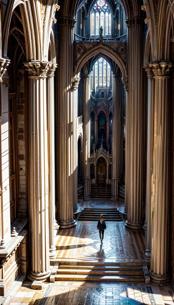 Aerial perspective reveals a breathtaking Rococo-inspired setting: grand castle hall with ornate pillars and sweeping stairs, juxtaposed against ancient ruins' crumbling structures. City streets stretch out, lined with wild pollyps on corners, bathed in warm cinematic lighting. The camera pans across intricate stone carvings, majestic archways, capturing whispers of history as sunlight dances through stained glass windows.