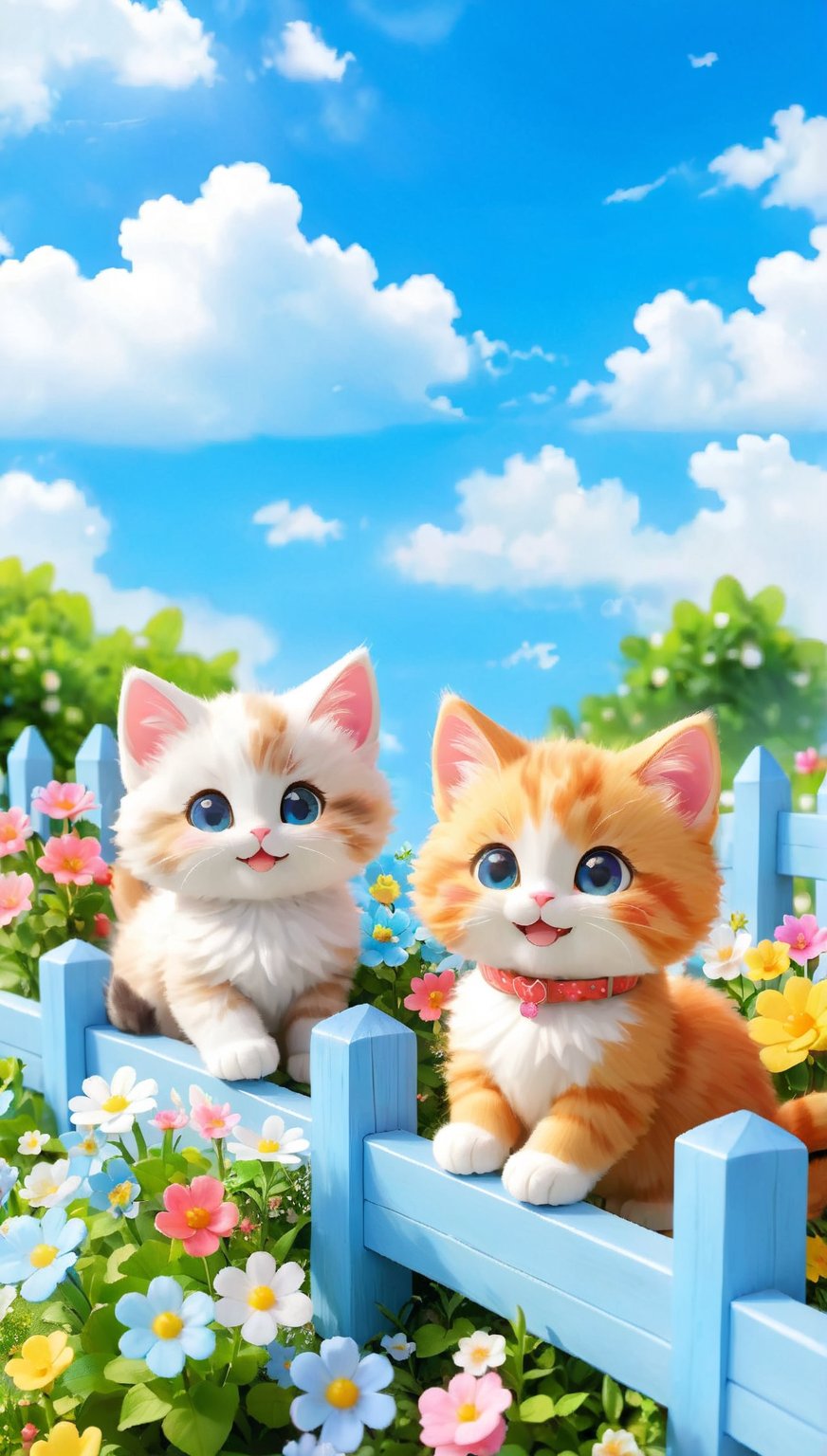 Two white kittens sit adorably on a vibrant blue fence amidst lush greenery in a sunny garden. Softly lit by warm afternoon rays, their tiny paws dangle precariously as they gaze up at something with wide, curious eyes. Rendered in exquisite detail, every whisker and fur strand is lovingly crafted to showcase their irresistible cuteness. The surrounding flowers bloom in harmony with the kittens' bright white coats, creating a visually stunning tableau of adorable digital art.